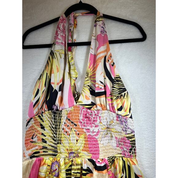 Vintage Cache Silk Floral Bubble Hem Halter Smocked Mini Dress Womens Large / XL - Picture 3 of 12